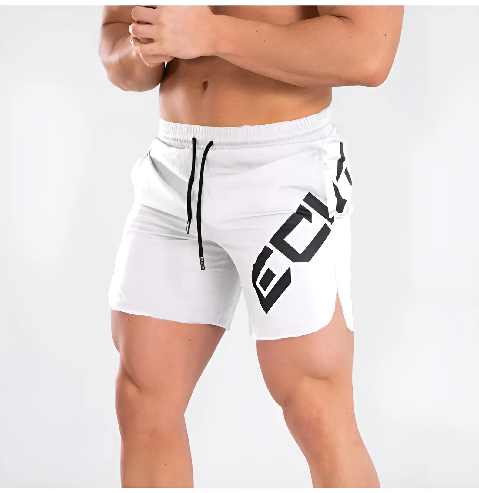 Men's black elastic running shorts with a mid-waist and knee-length cut on a plain background.