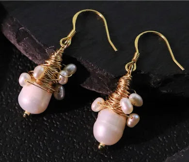 Handmade natural pearl wire-wrapped earrings in white, geometric round fairy style, for women