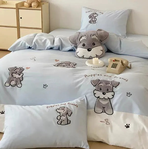 Cute Schnauzer embroidered cartoon design on thickened cotton duvet cover and pillowcases bedding set