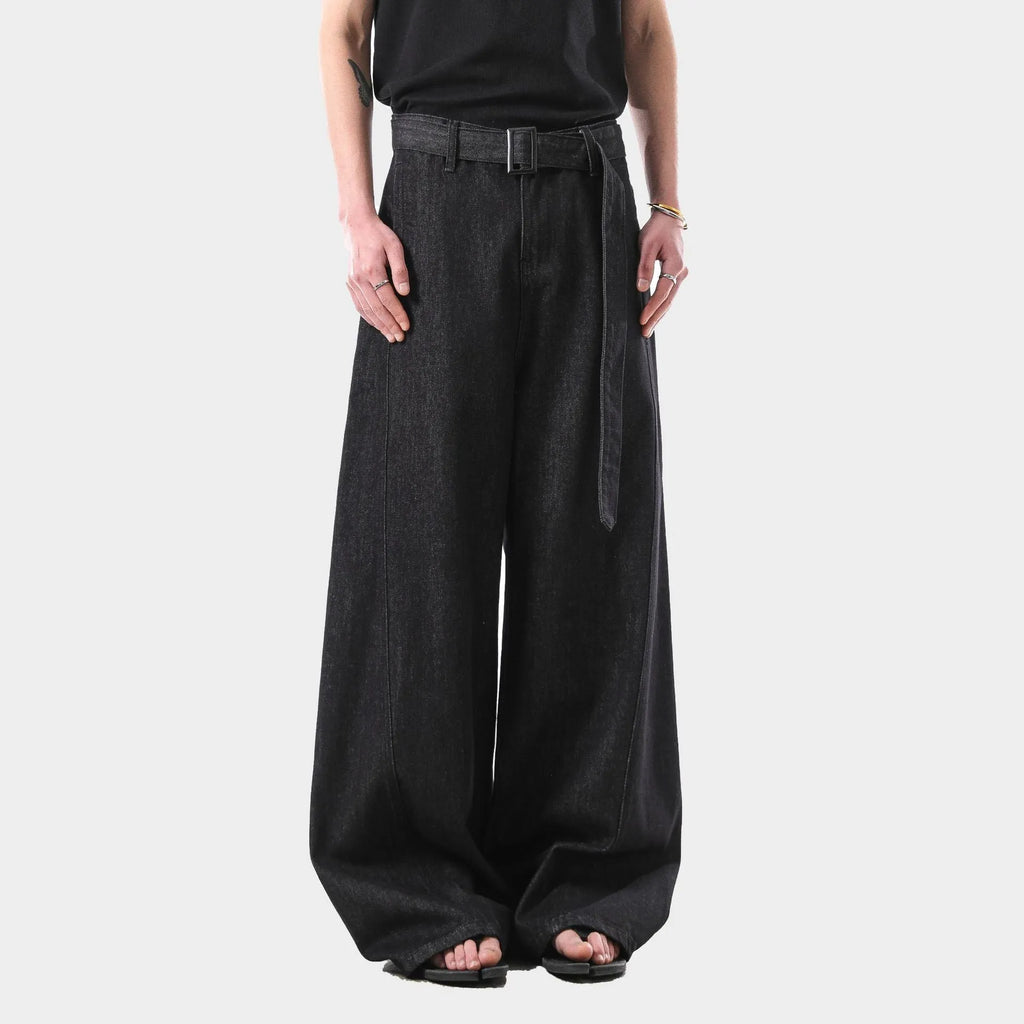 Black high waist straight leg jeans with zip fly on mannequin