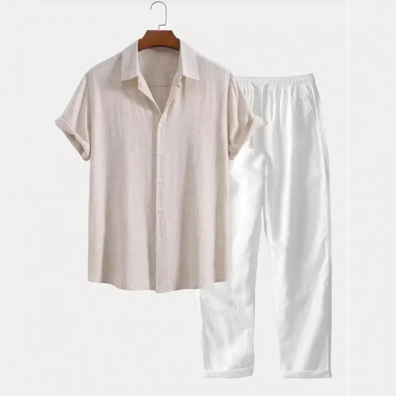 Men's casual linen-blend suit with short sleeve shirt and loose trousers in multiple colour options