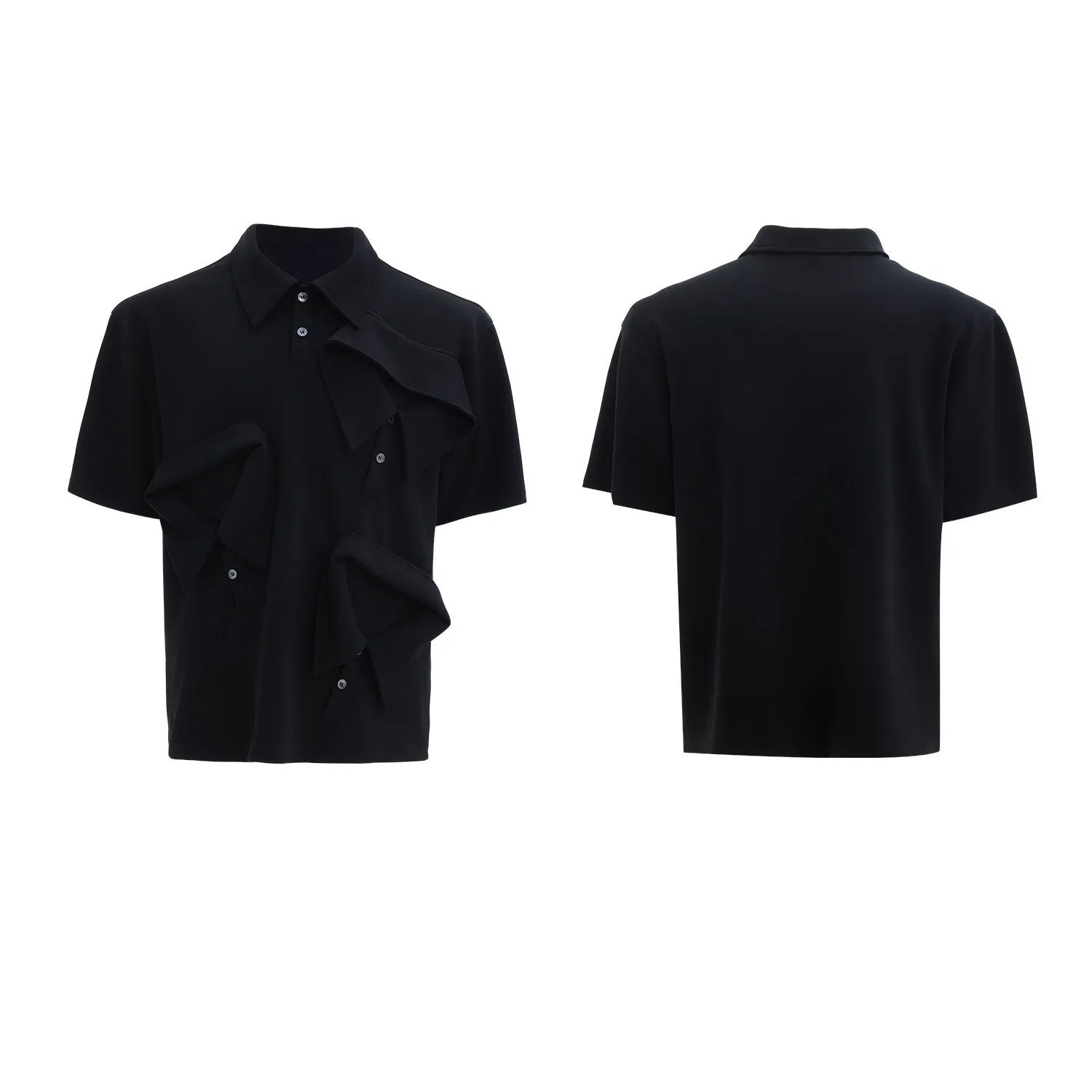 Men's deconstructed collar polo shirt with geometric pattern in polyester fabric, showing shirt collar detail and short sleeves