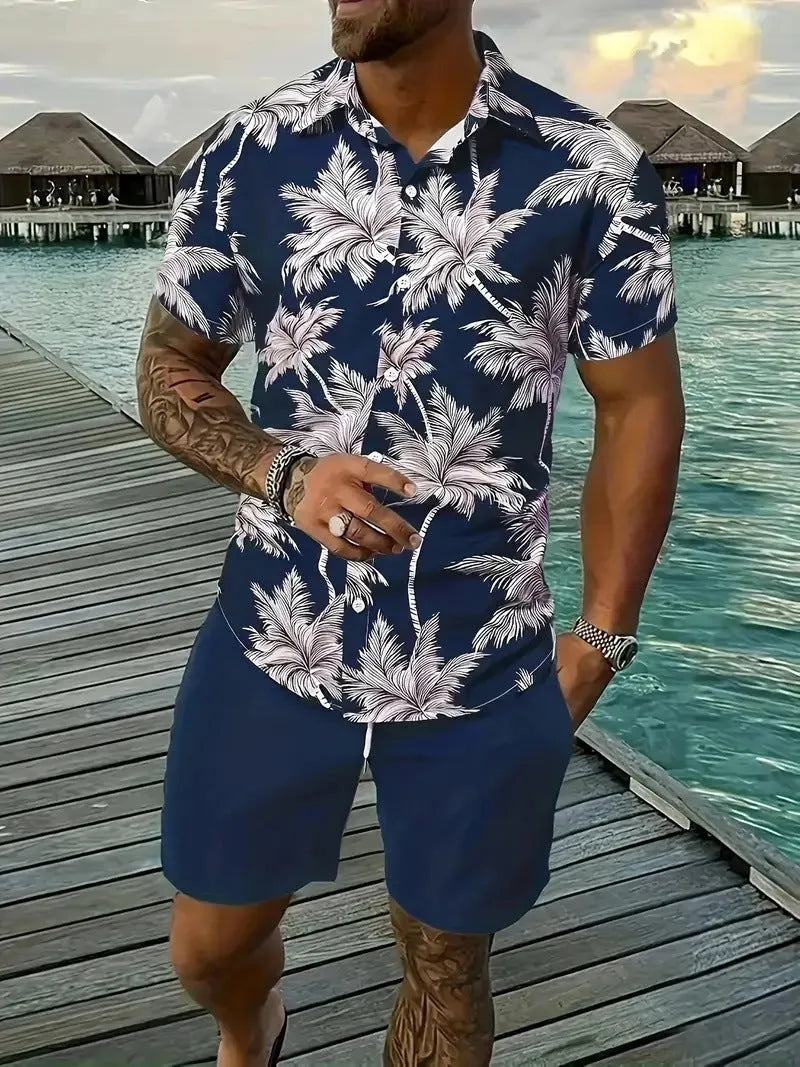 Men's 3D printed Hawaiian style short sleeve top and matching shorts summer suit