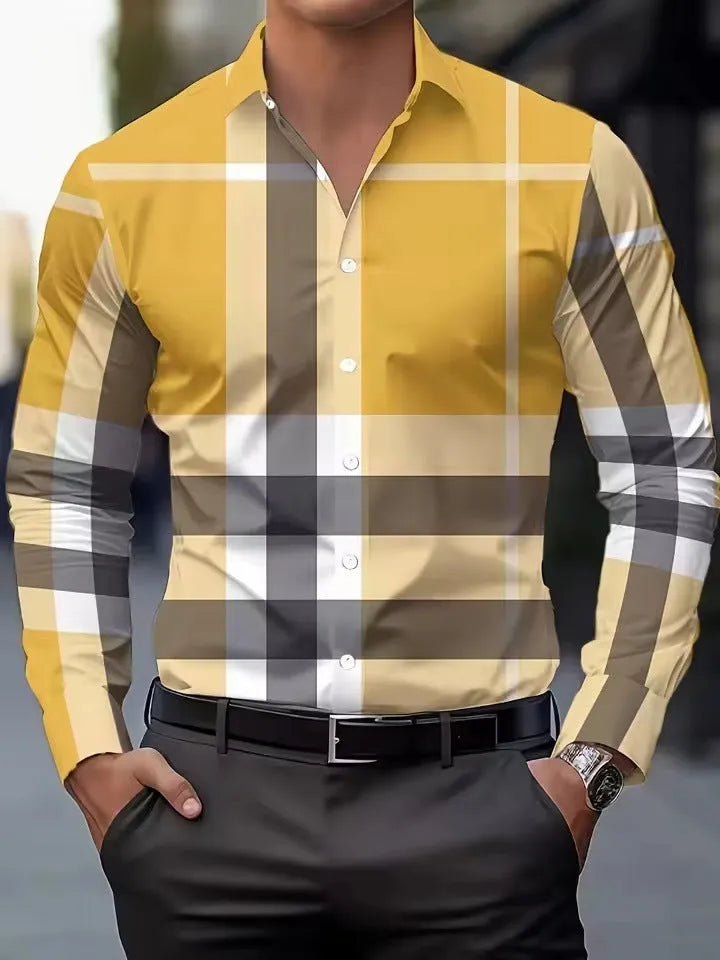 Men's striped long sleeve shirt with button lapel collar in polyester fabric
