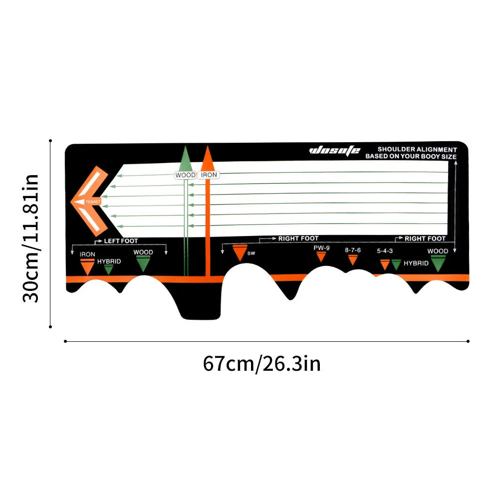 Black neoprene golf swing stance correction pad with positioning markings for alignment practice