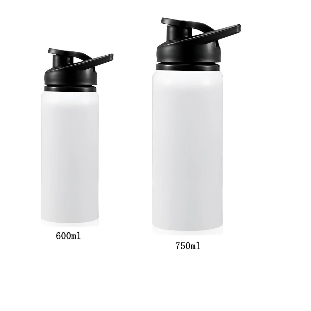 White aluminium sports water bottle with drinking spout shown in 600ml and 750ml capacity options