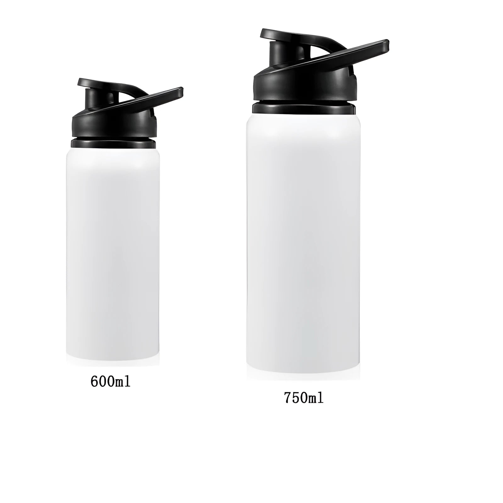 White aluminium sports water bottle with drinking spout shown in 600ml and 750ml capacity options
