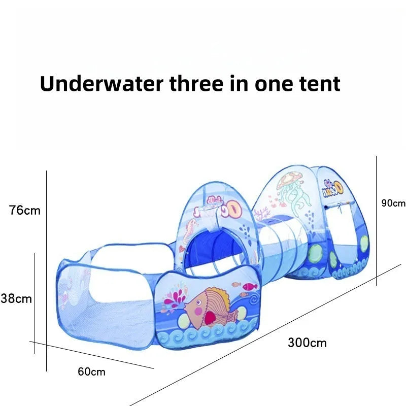 Children's three-in-one play tent with tunnel and ball pool in a cartoon submarine design.