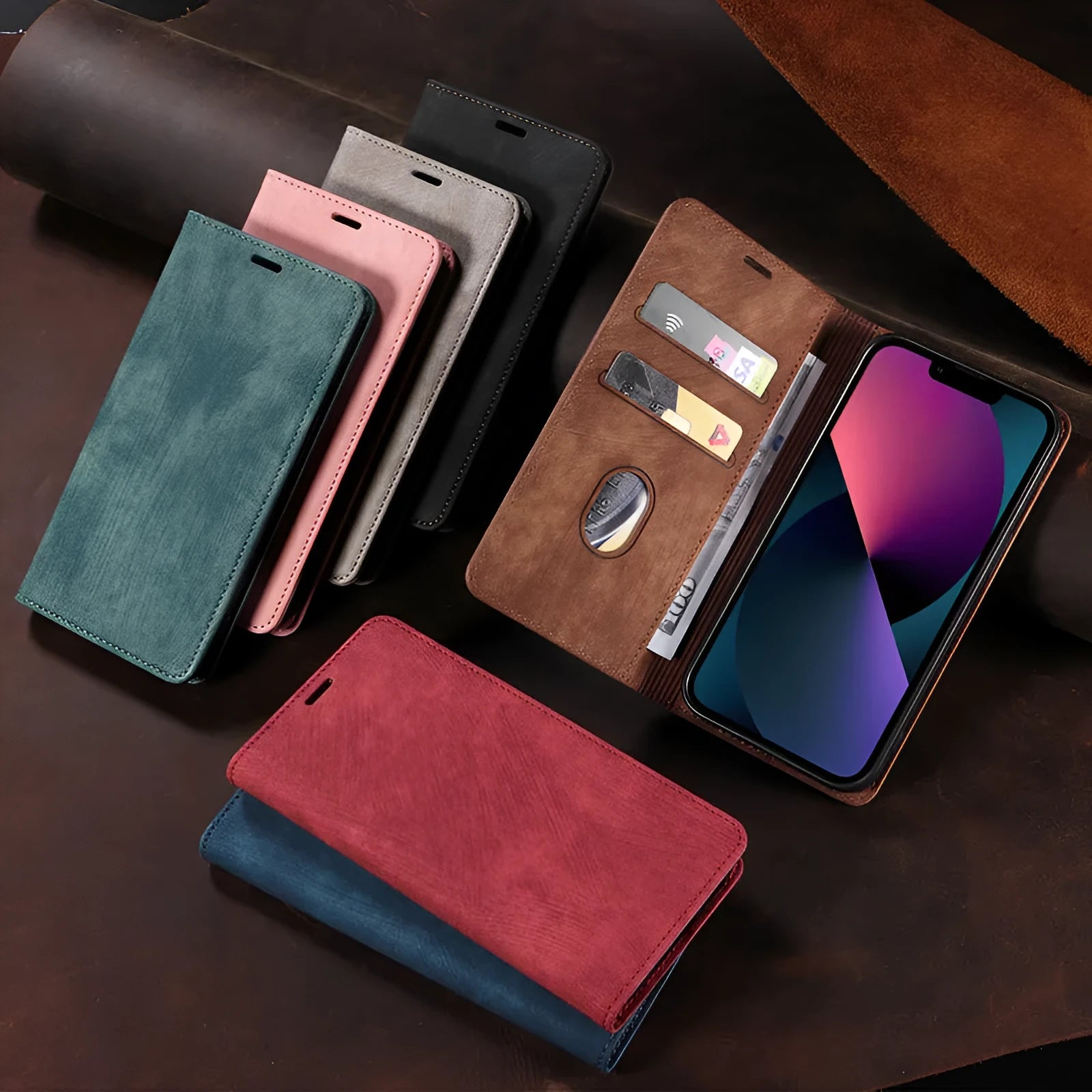 Magnetic flip phone case in leather and TPU for iPhone, shown in grey colour.