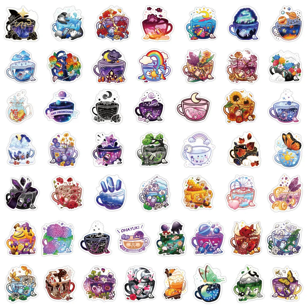 Colourful tea cup graffiti design waterproof stickers, 50-piece pack for scooter and luggage decoration.