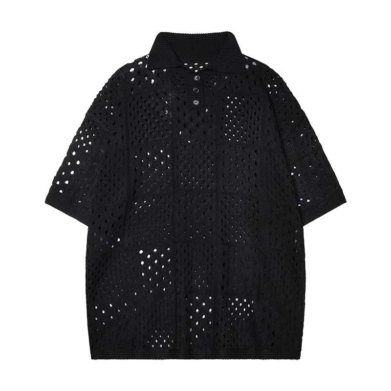 Solid colour short-sleeved knitting polo shirt in loose cardigan style for teenagers