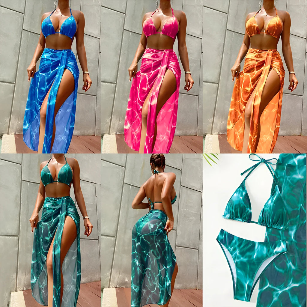 Floral print three-piece bikini swimsuit set for women, including top, pants, and skirt, in blue colour option.