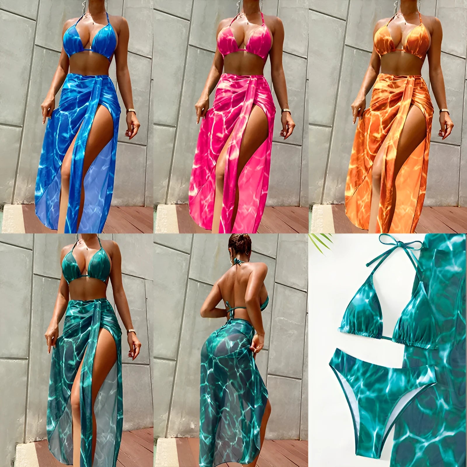 Floral print three-piece bikini swimsuit set for women, including top, pants, and skirt, in blue colour option.