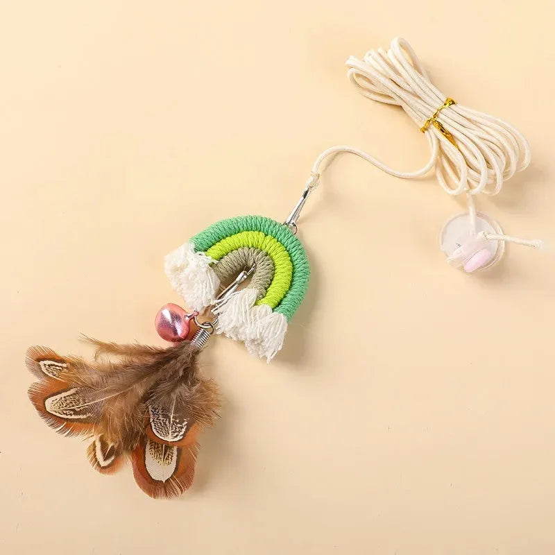 Feather cat rope door swing toy with elastic cord and sticky buckle clamp in blue, green and pink colours