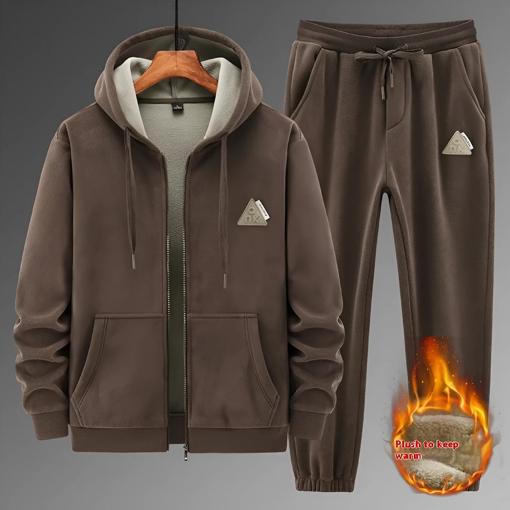 Men's grey cashmere-blend hooded sports sweater and matching trousers laid flat.