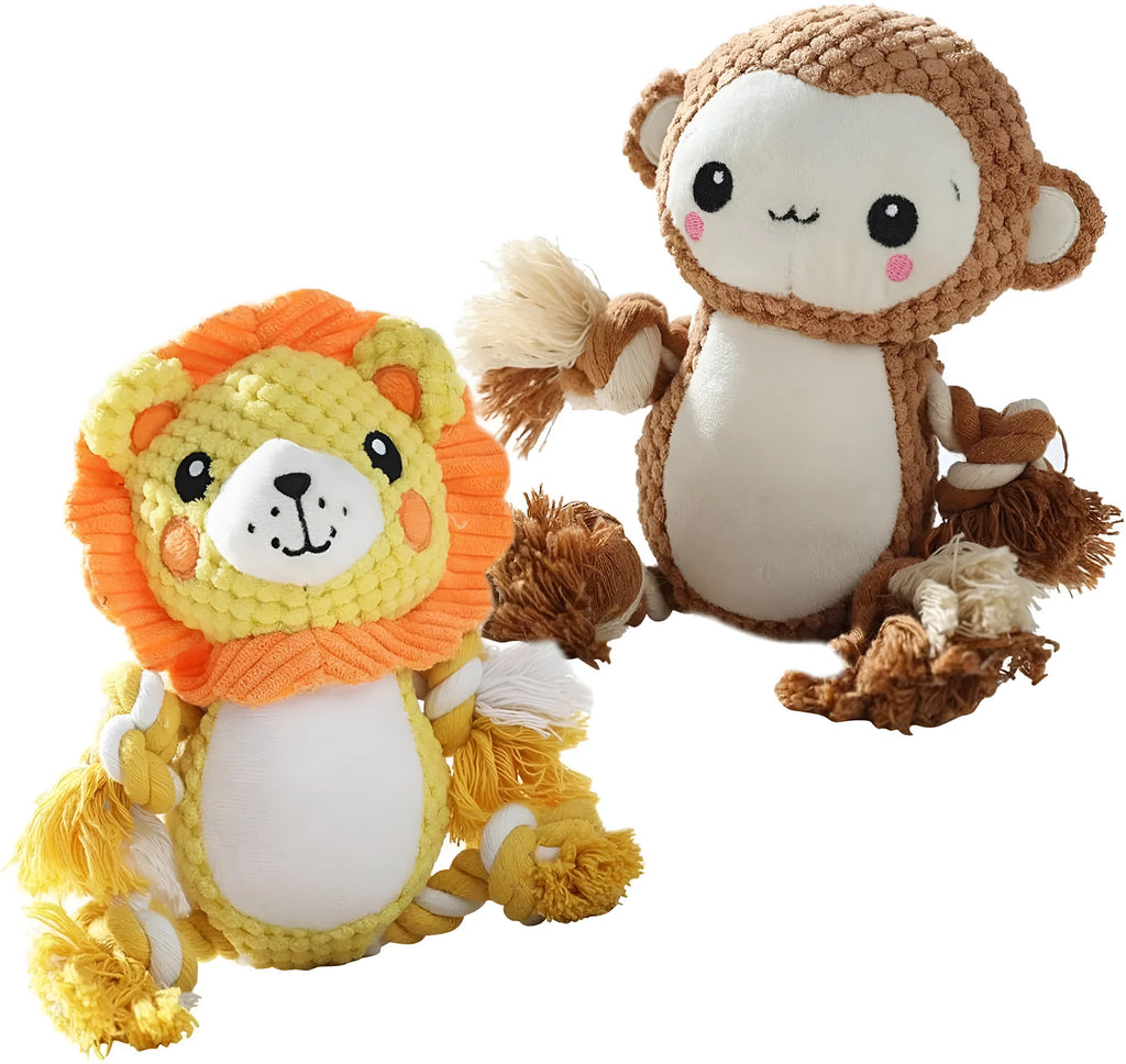 Lion and monkey stuffed squeaky dog toys bundle for medium to large dogs