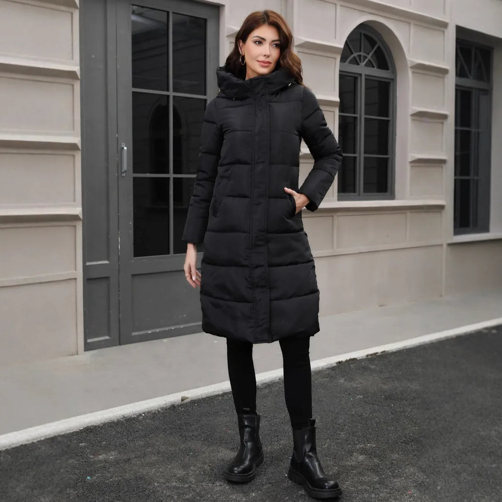 Black slim fit hooded jacket with long sleeves and cold-resistant thickened fabric