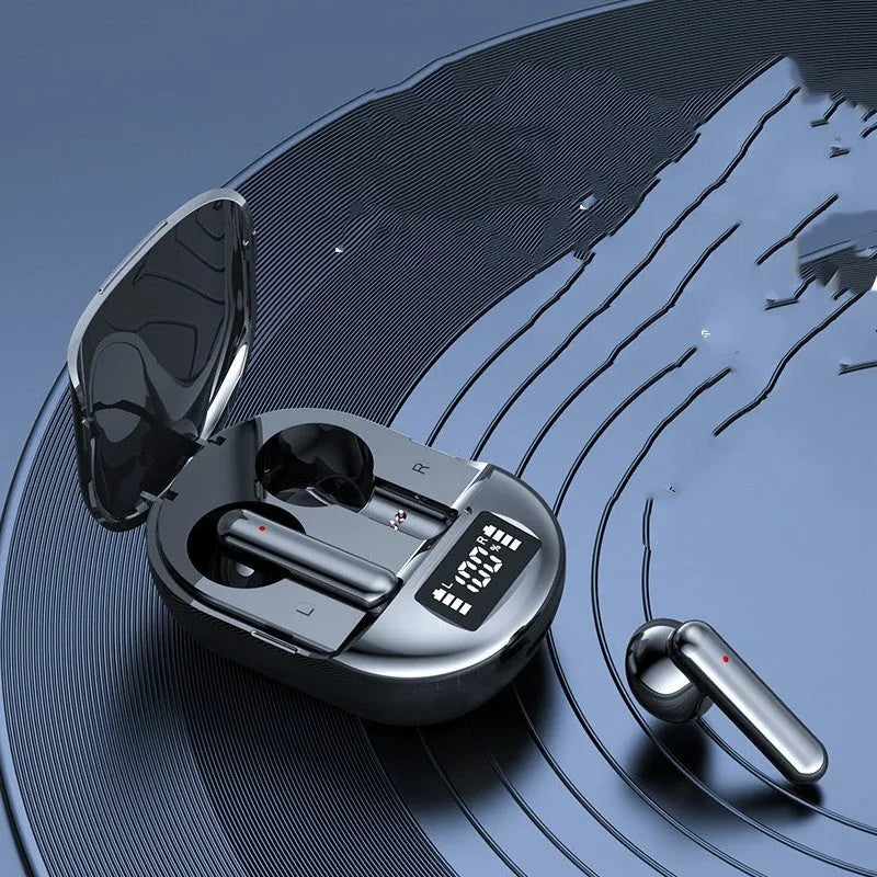 Black and white wireless Bluetooth earbuds with digital display screen showing battery status