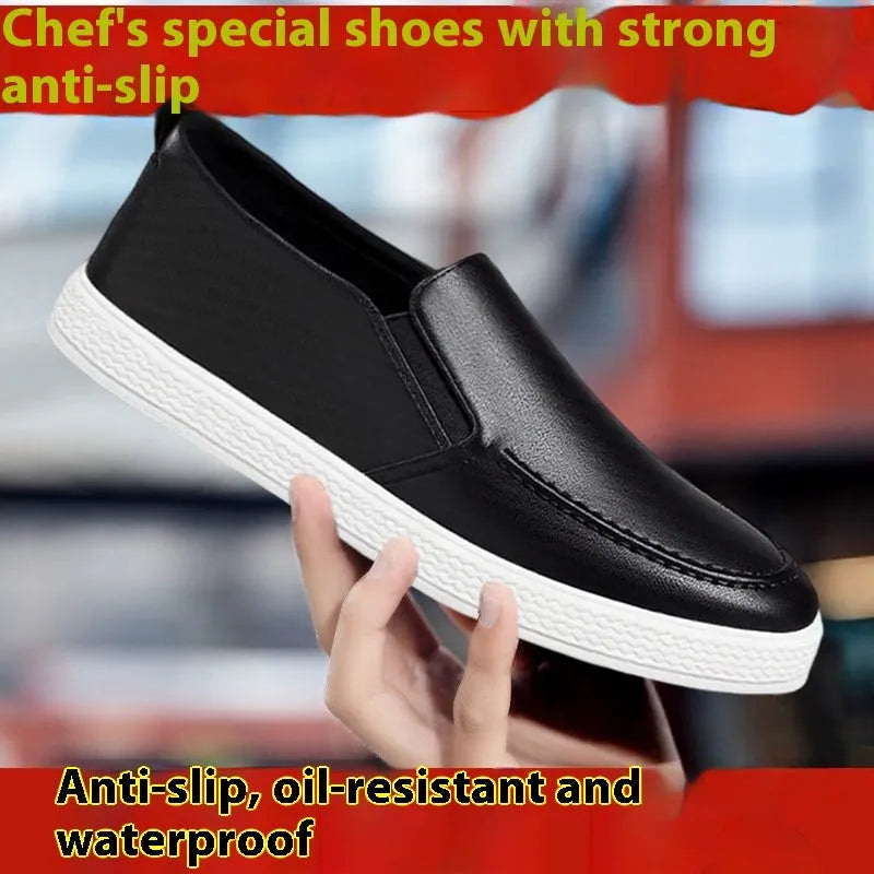 Men's slip-on kitchen working shoes with black with white bottom colour, artificial pu upper, round toe, flat heel