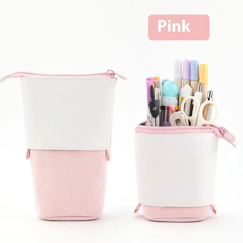 Corduroy stationery case with telescopic drop-down design in six colour options