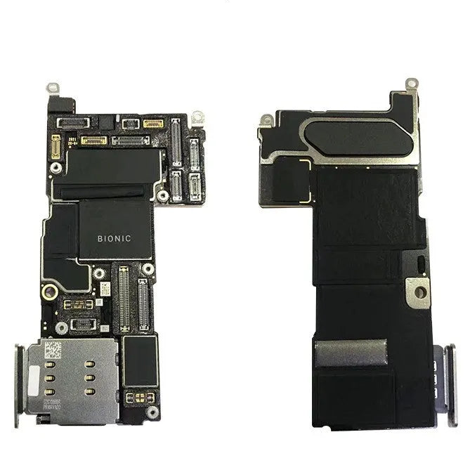 Silver-coloured Apple iPhone logic board spare part for iPhone 12 series phones.