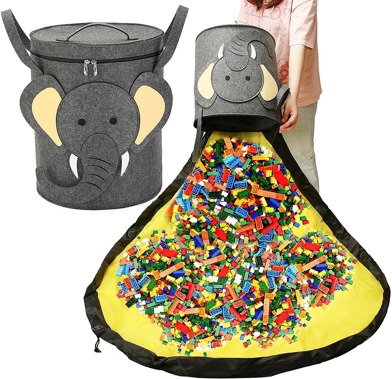 Green felt cube storage bag with pull rope shown as both a toy play mat and closed storage container
