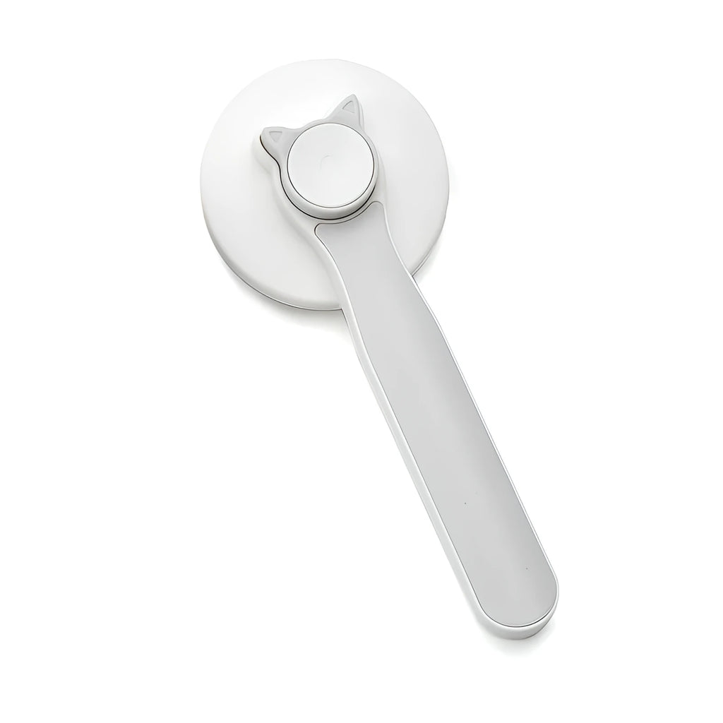 Blue self-cleaning slicker brush for dogs and cats on a white background, showing ergonomic rubber handle.