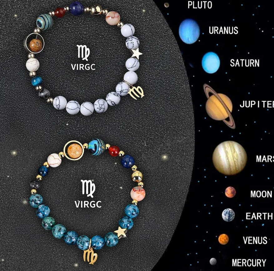 Set of two natural stone beaded bracelets with zodiac sign designs and a stainless steel clasp.
