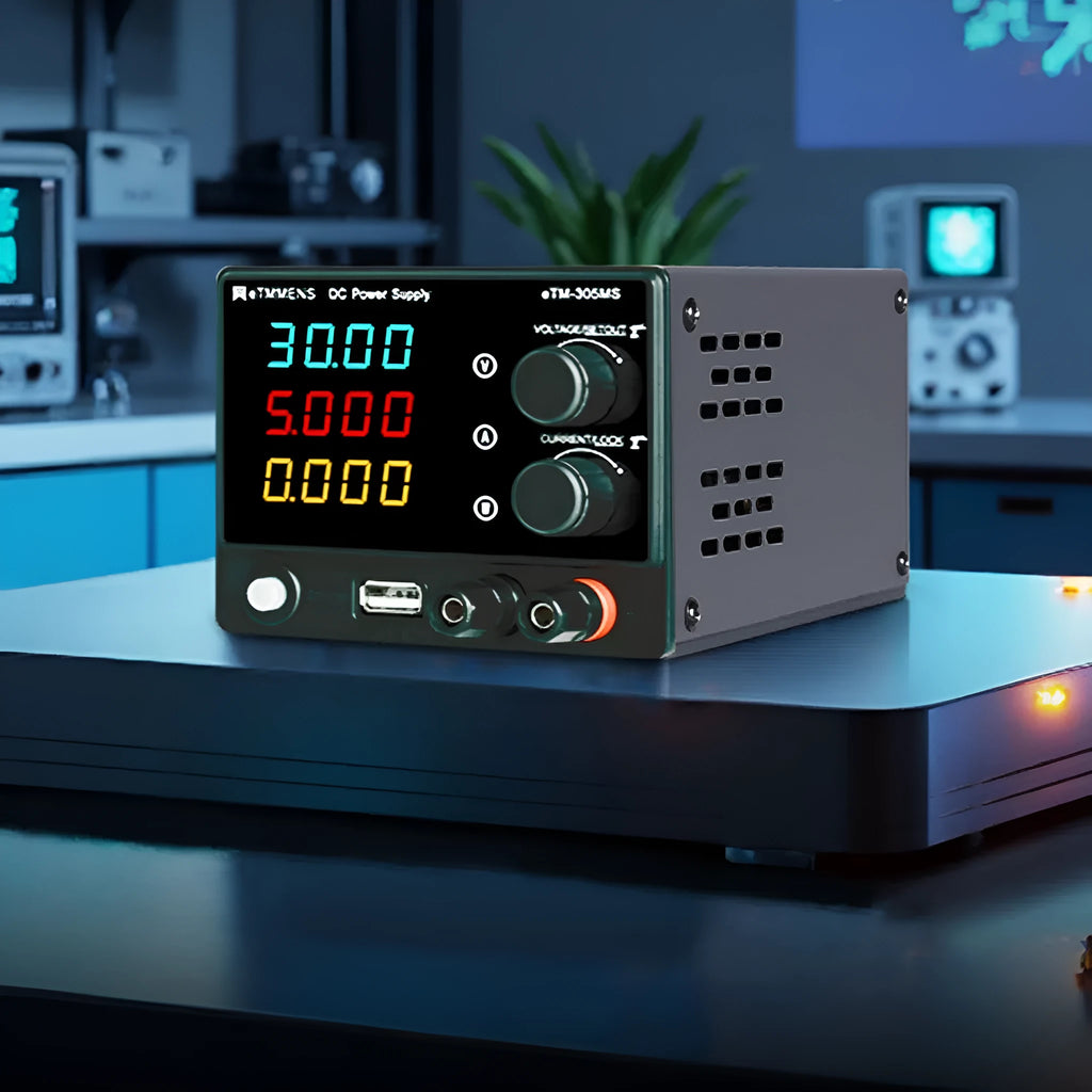 DC regulated power supply 30V 5A 150W with LED display and protection features on workbench