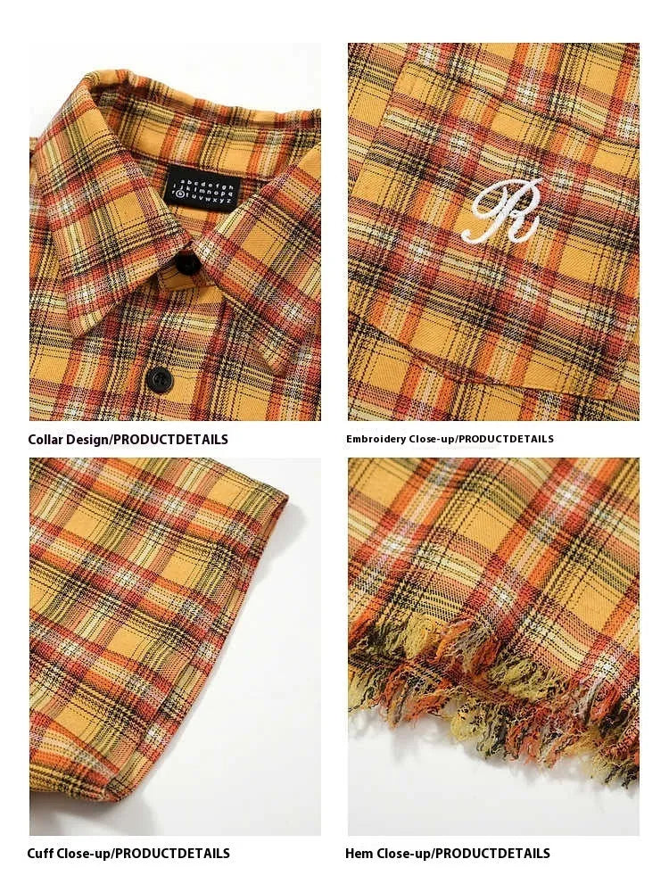 Yellow and white grid pattern short sleeve shirt with loose fit and embroidered chest pocket.