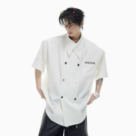 Men's loose fit short-sleeved summer shirt in high-count cotton blend with splicing detail and metal buttons