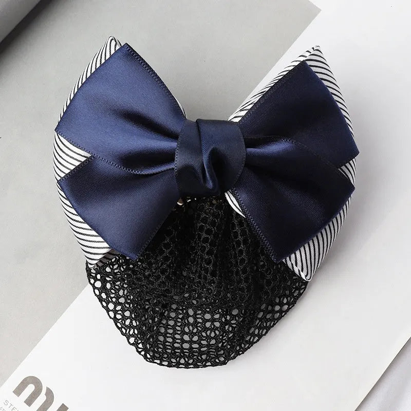 Professional hair clip headdress with flower bow net pocket in multiple colour variations