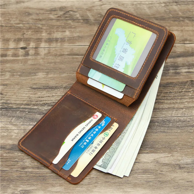 Men crazy horse leather money card wallet, retro red brown, 11.5cm long, horizontal design