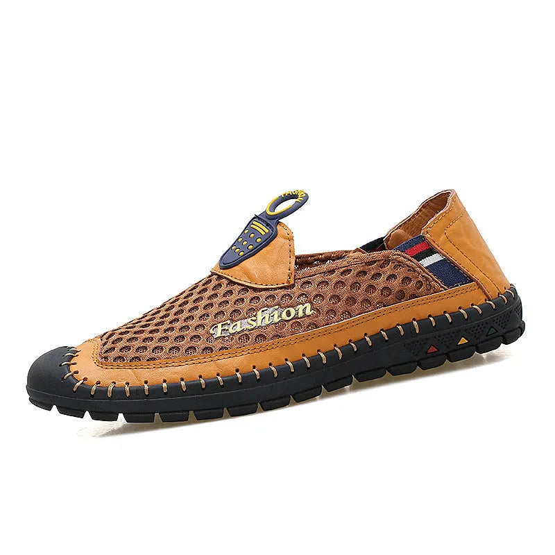 Men's brown casual mesh shoes with round toe and rubber sole on a white background