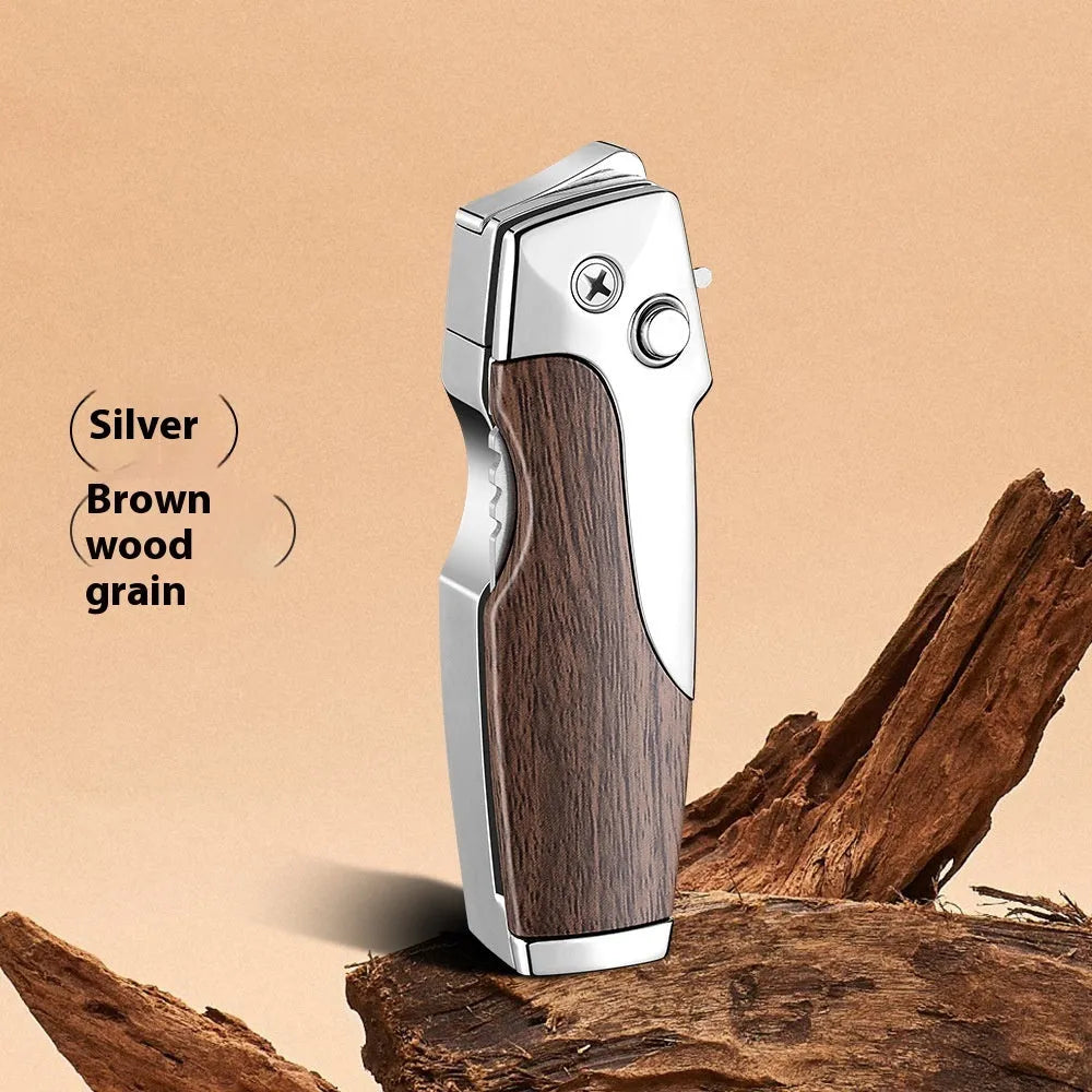 Metal folding outdoor lighter with integrated knife in a zinc alloy case, showing various colour options.