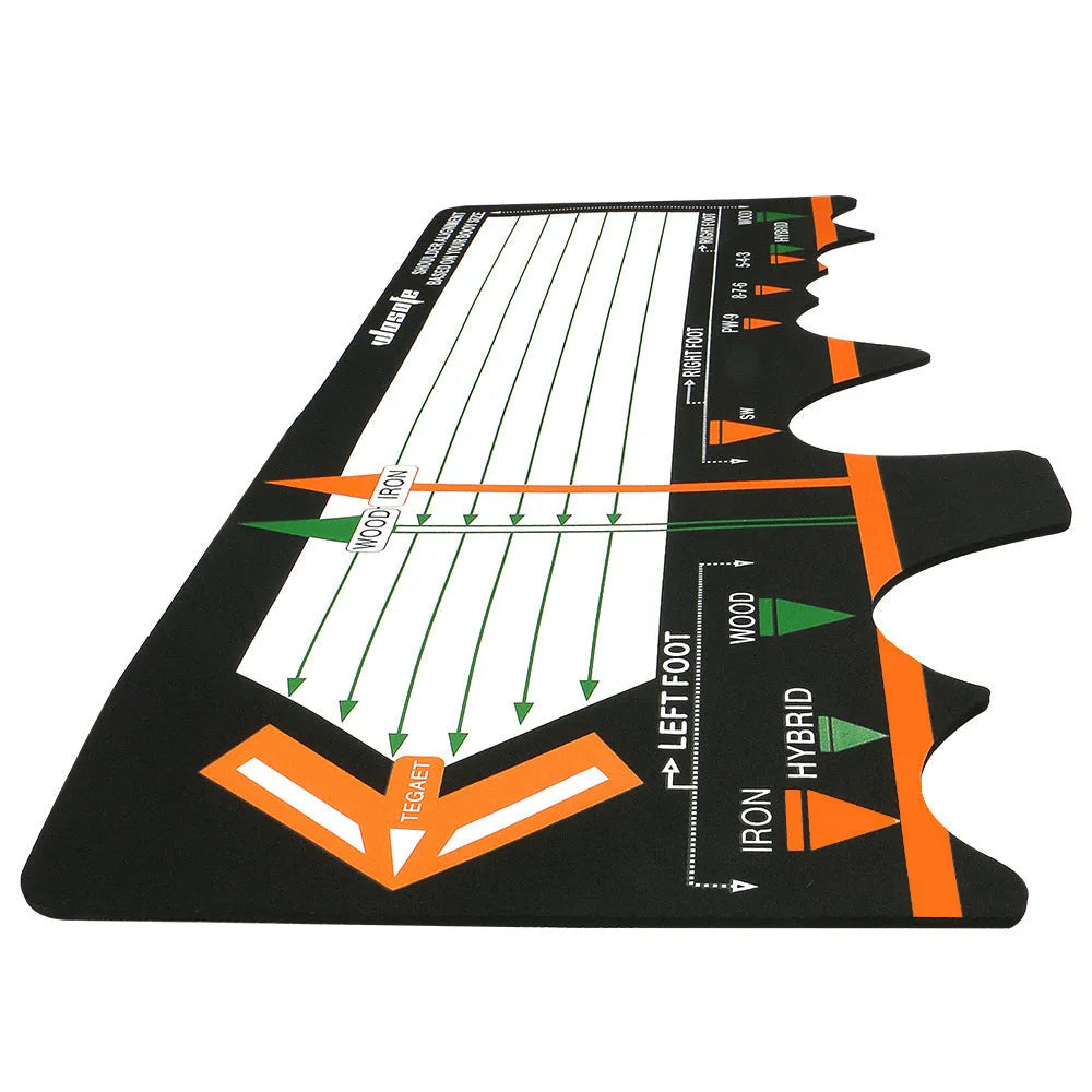 Black neoprene golf swing stance correction pad with positioning markings for alignment practice