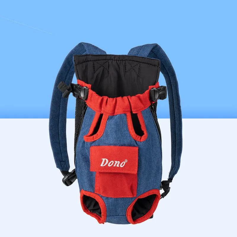 Front-carry pet sling bag with breathable mesh panels and adjustable shoulder strap in blue and yellow colour combination