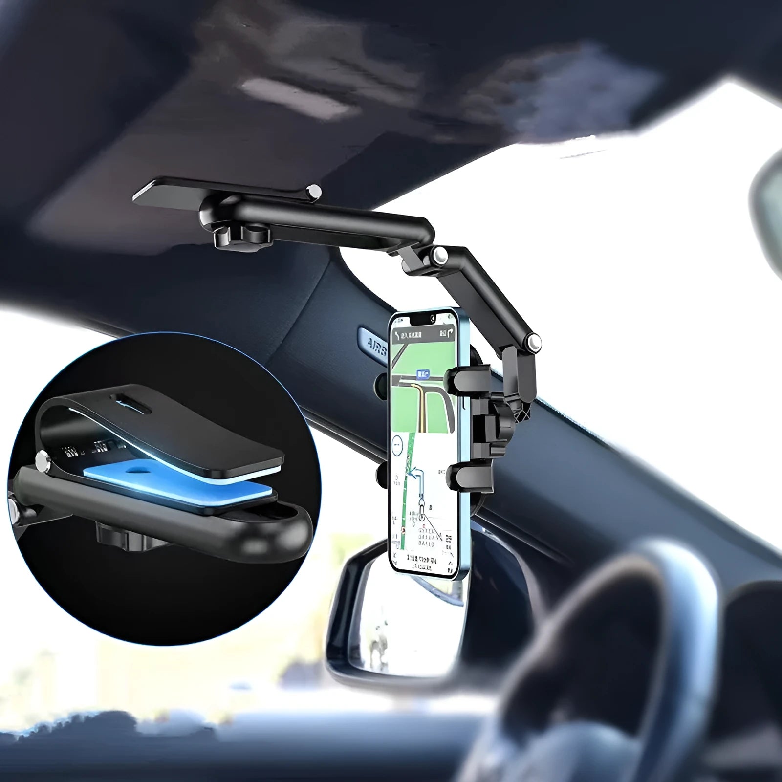Car mount sun visor with buckle-type clip for rear seat headrest, shown in black.