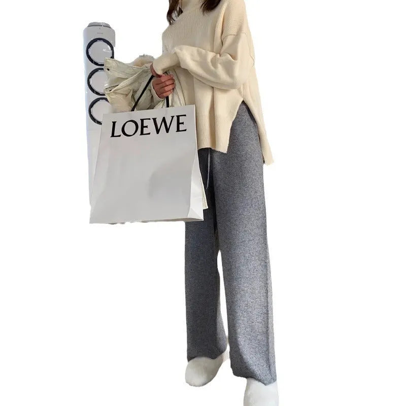 Women's thick knitted wide-leg trousers in cream white, linen colour, milk brown, or black