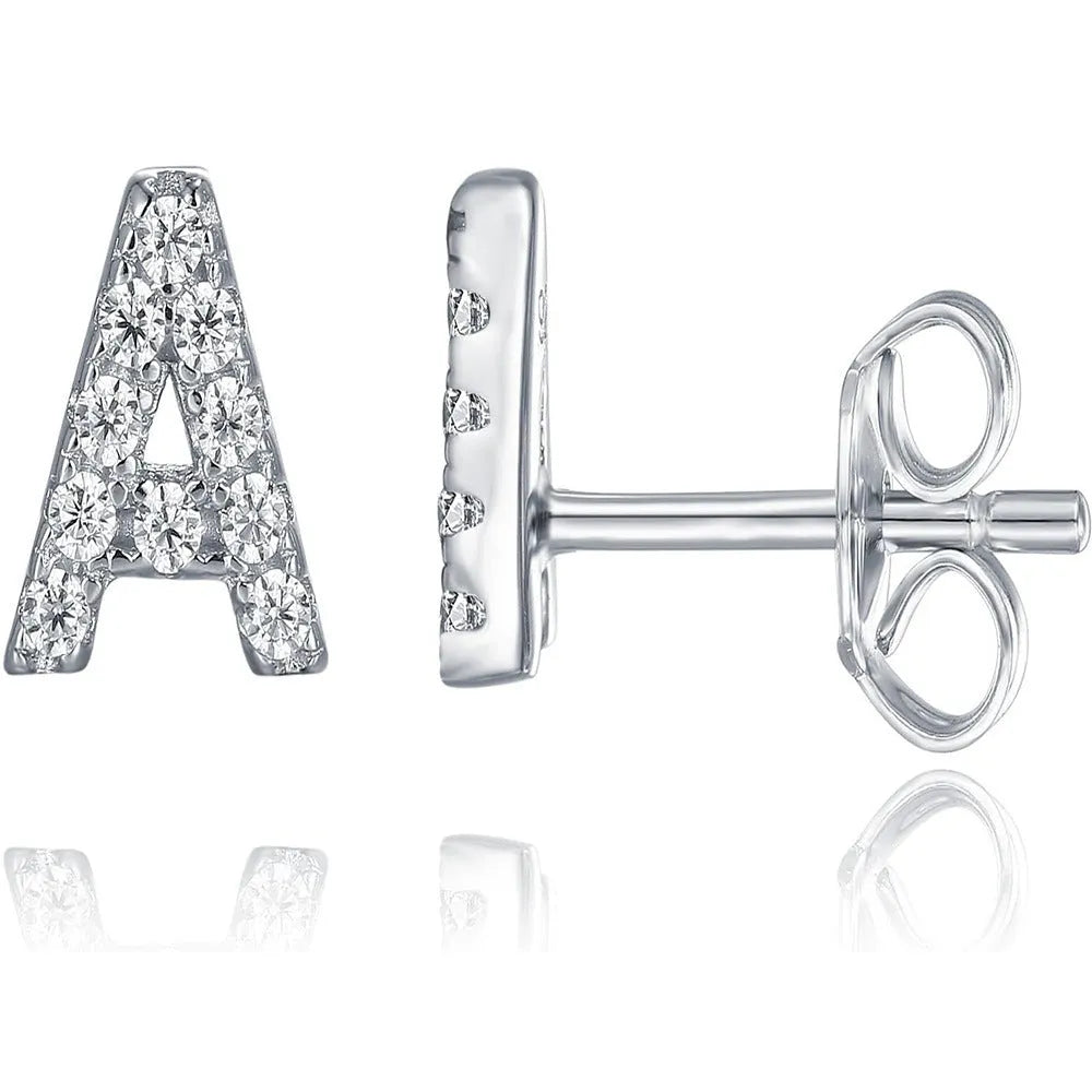 Brass gold plated alphabet letter earrings showing zircon detailing on copper base with 26 English letters available