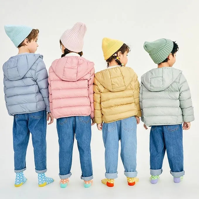 Children's nylon hooded down jacket in solid colour for boys and girls