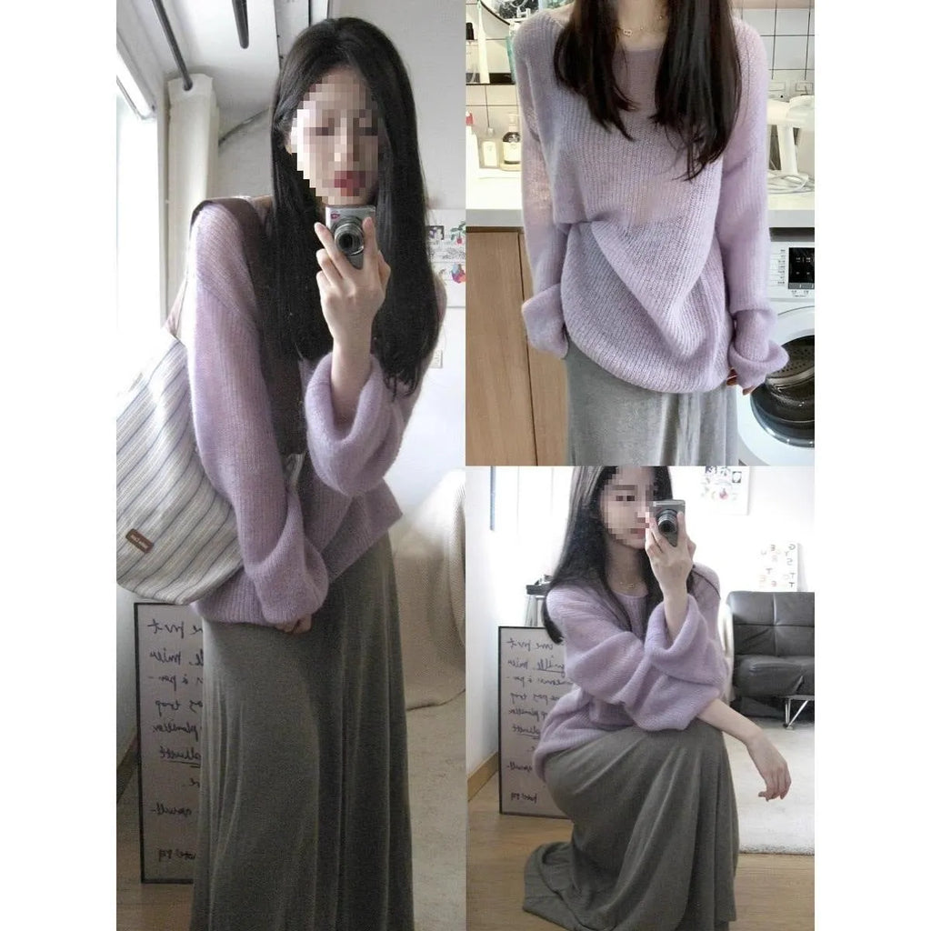 Purple women's blouse with hollow out pattern and princess sleeves on mannequin