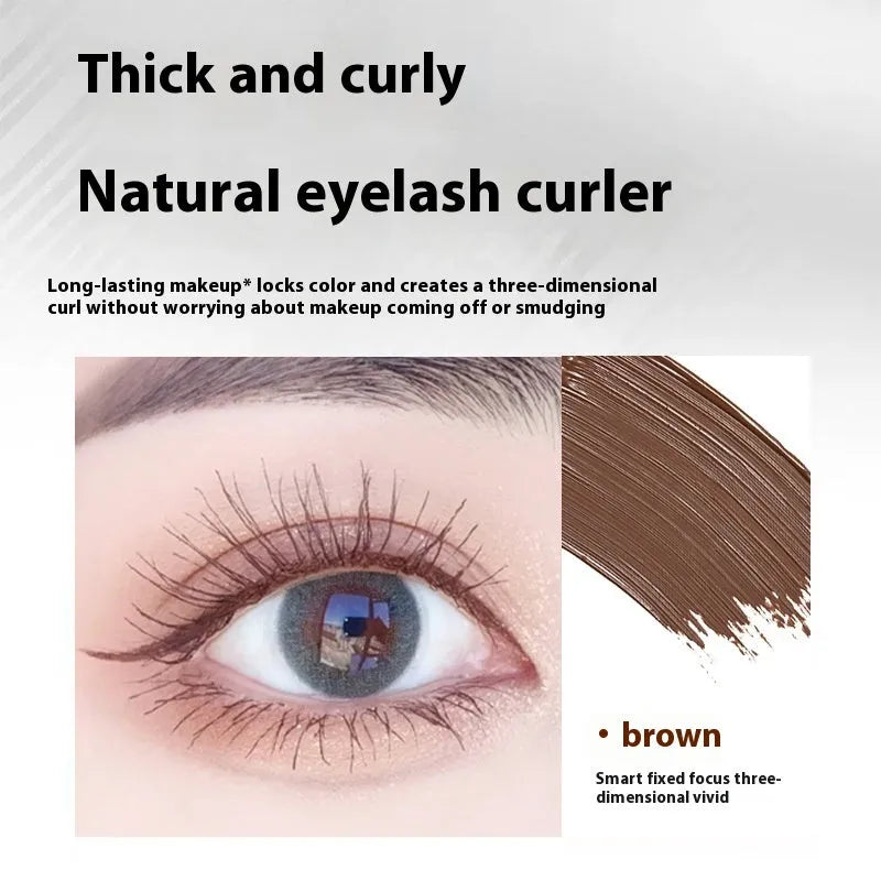 Waterproof black and brown steel tube mascara with optional eyelash curler.