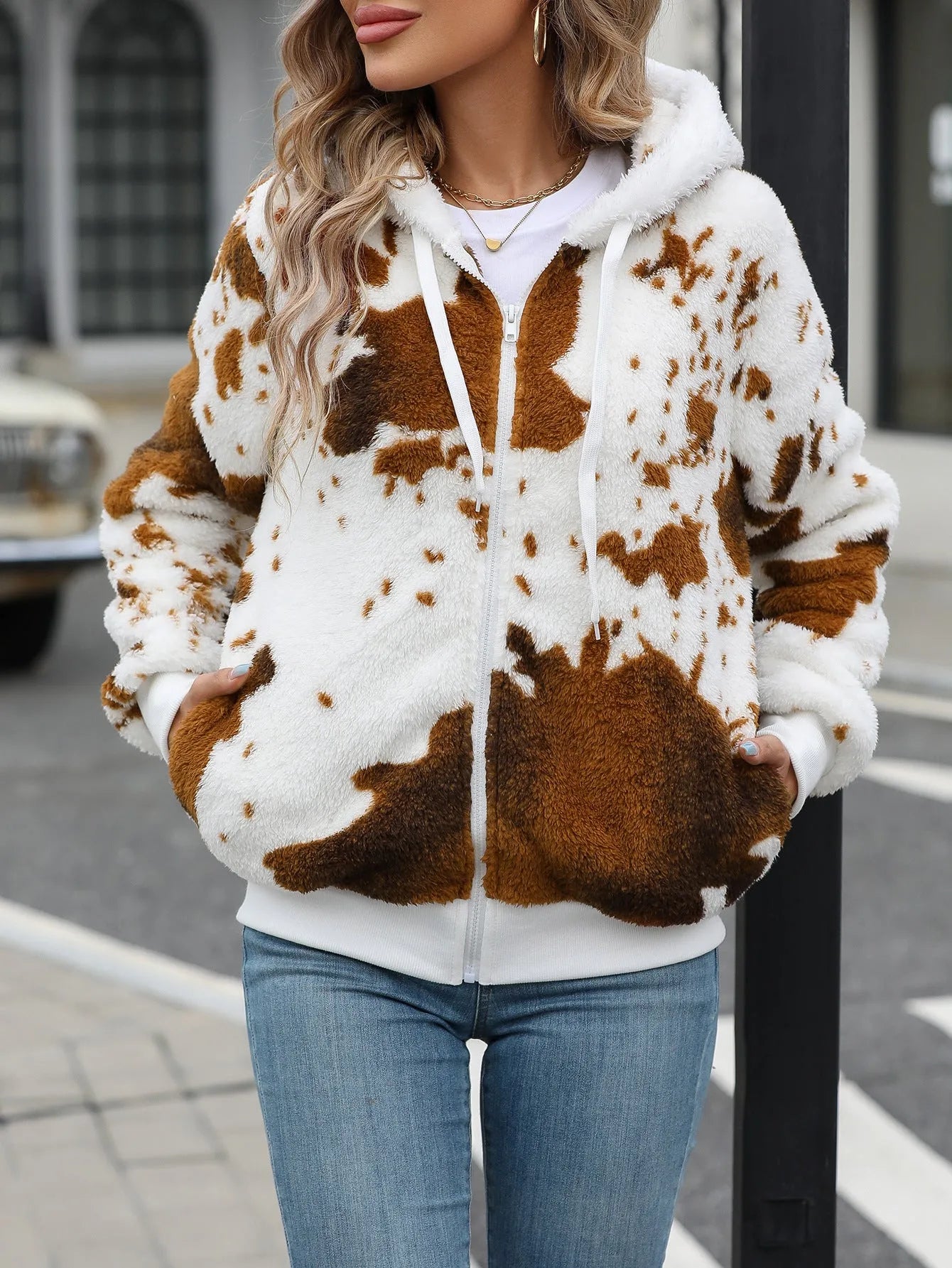 Yellow Brown Cow animal print hooded cardigan jacket with full zip