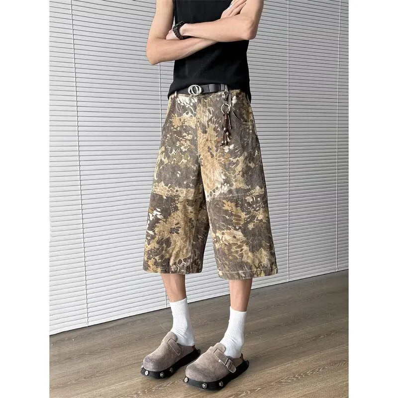 Yellow snake pattern camouflage cropped jeans in cotton denim fabric showing tooling design detail