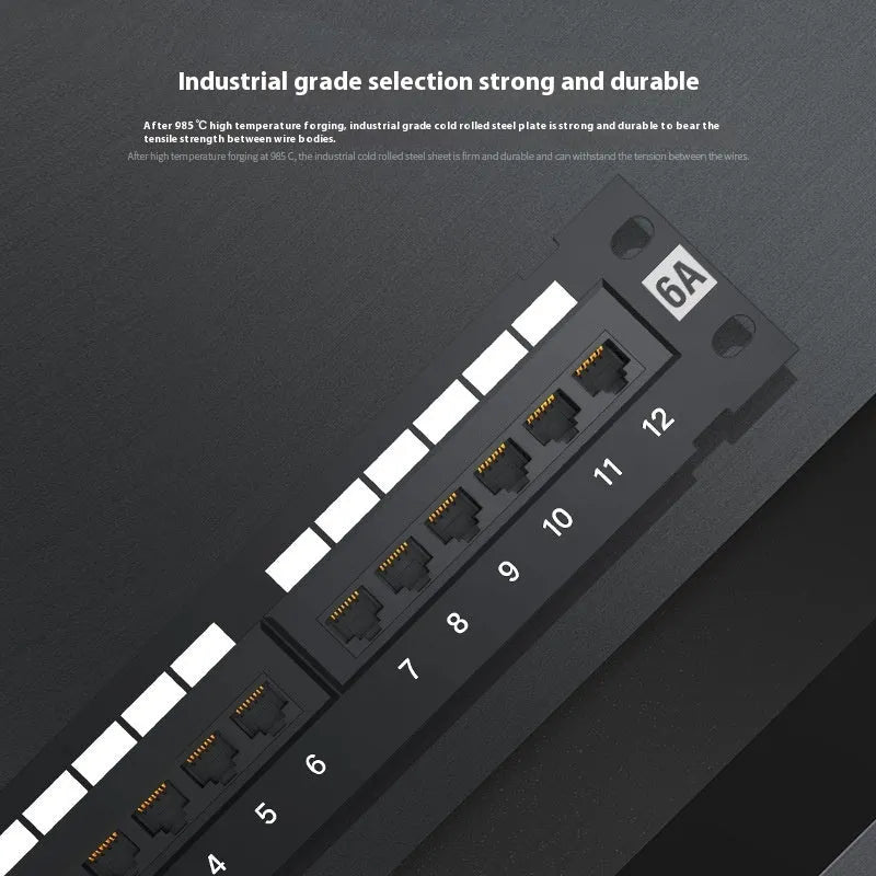 Black 12-port network distribution frame with cold rolled steel construction for home cable wiring