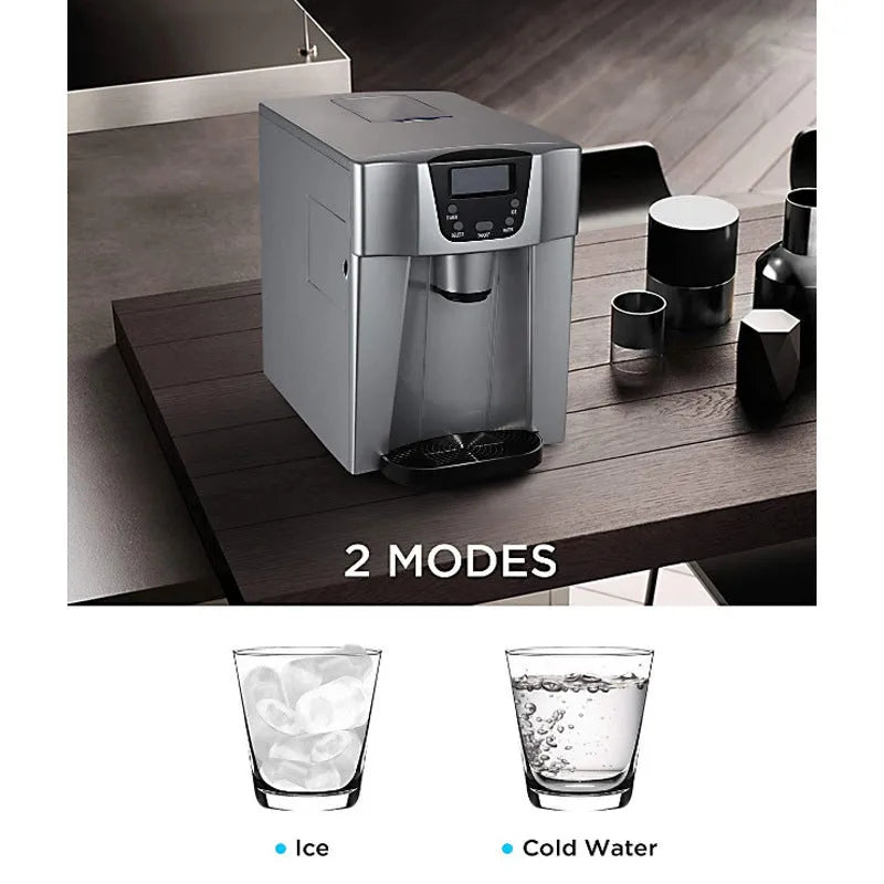 Red desktop ice maker with round ice cubes in basket, model 20E, 15kg daily capacity
