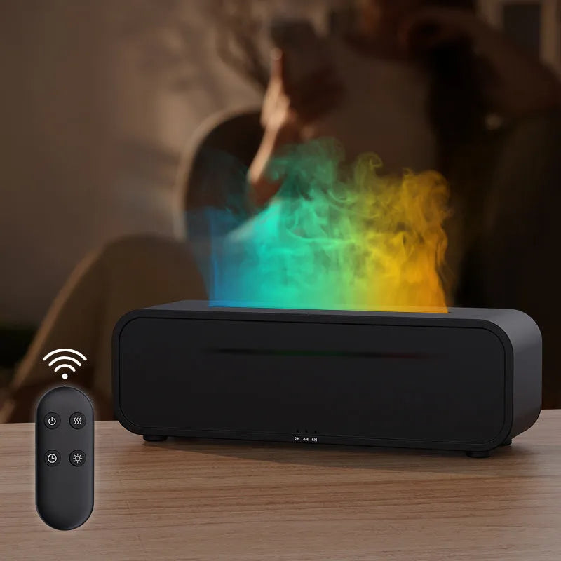 Black and white flame effect aroma diffuser with remote control on a table