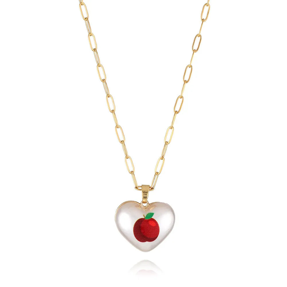 Fruit charm necklace with adjustable chain showing strawberry, pineapple, apple, pear and cherry pendant options