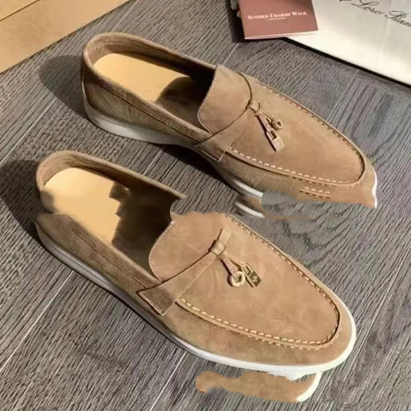 Neutral slip-on loafers with high-top artificial PU upper and Gommino rubber soles